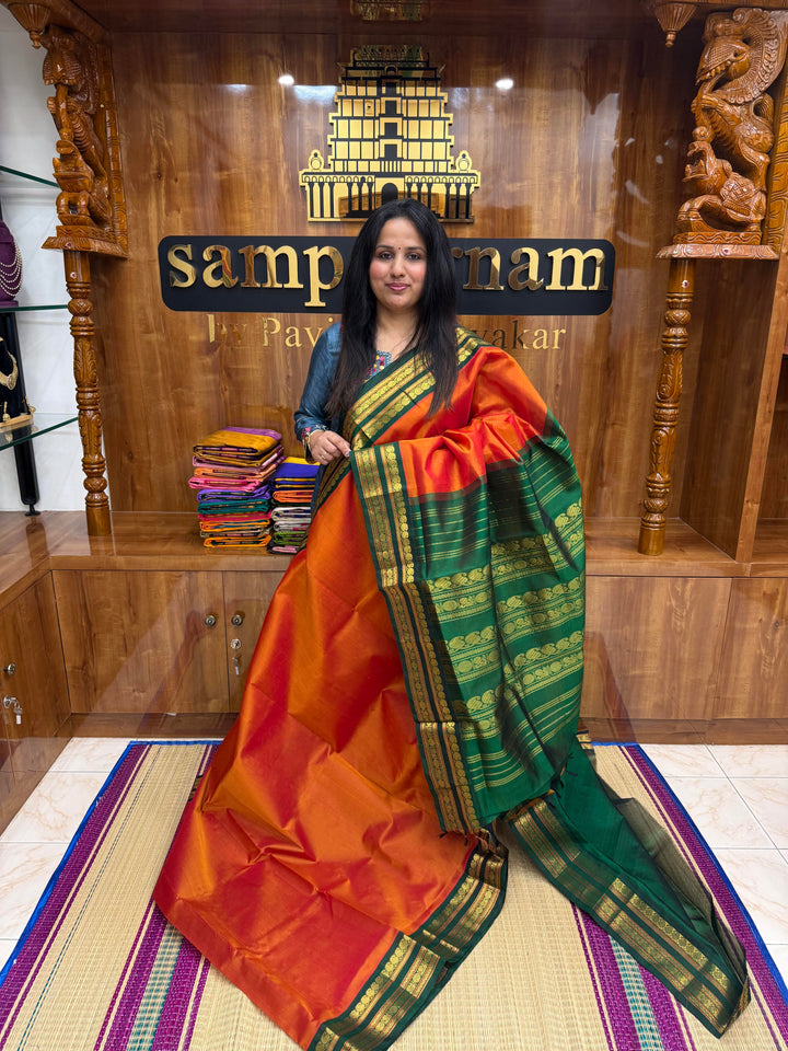 Rustic Orange with Green ,Traditional rettapet borders & Grand Pallu ,Korvai Silk Cotton Saree