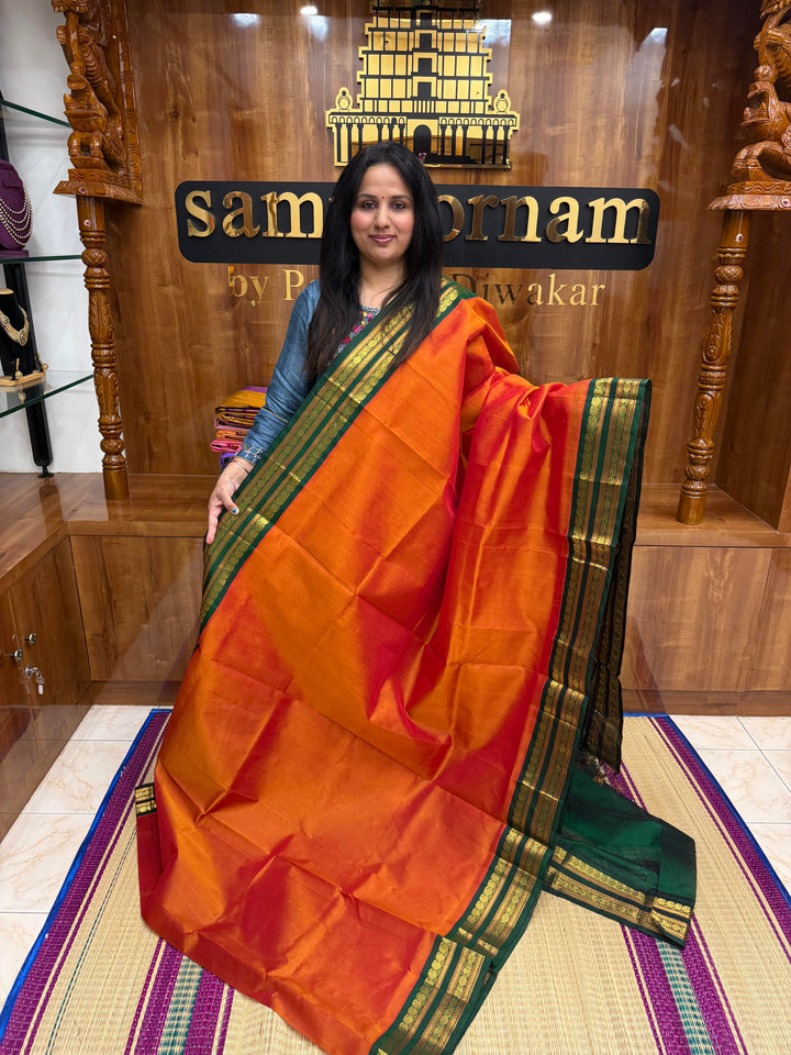 Rustic Orange with Green ,Traditional rettapet borders & Grand Pallu ,Korvai Silk Cotton Saree