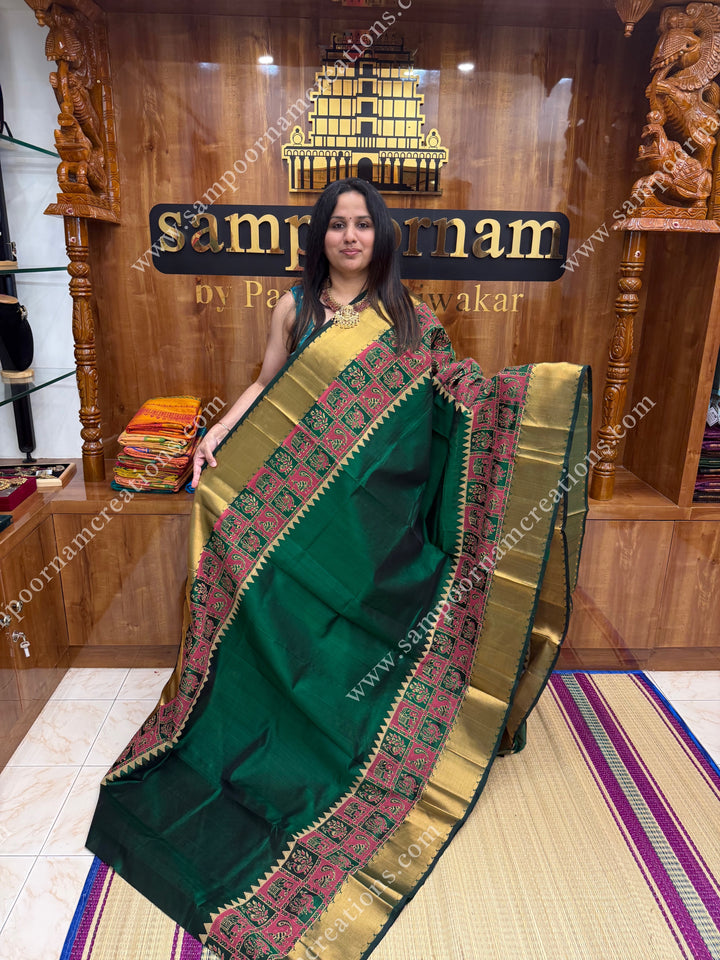Green  , Annam and Elephant Handblock Print and Tissue borders , Rich Pallu Handblock Printed Silk Cotton Saree