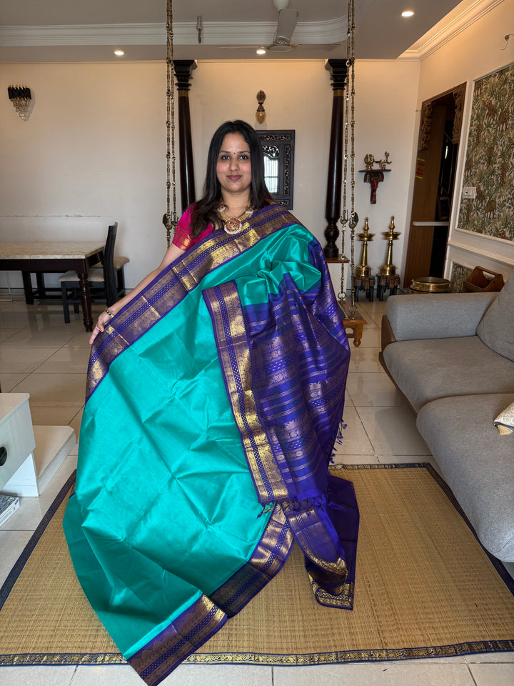 Ramar Blue with Dark Blue, Rettapet Border, Rich Pallu Korvai Silk Cotton Saree