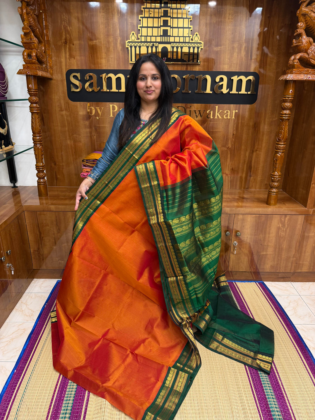 Rustic Orange with Green ,Traditional rettapet borders & Grand Pallu ,Korvai Silk Cotton Saree