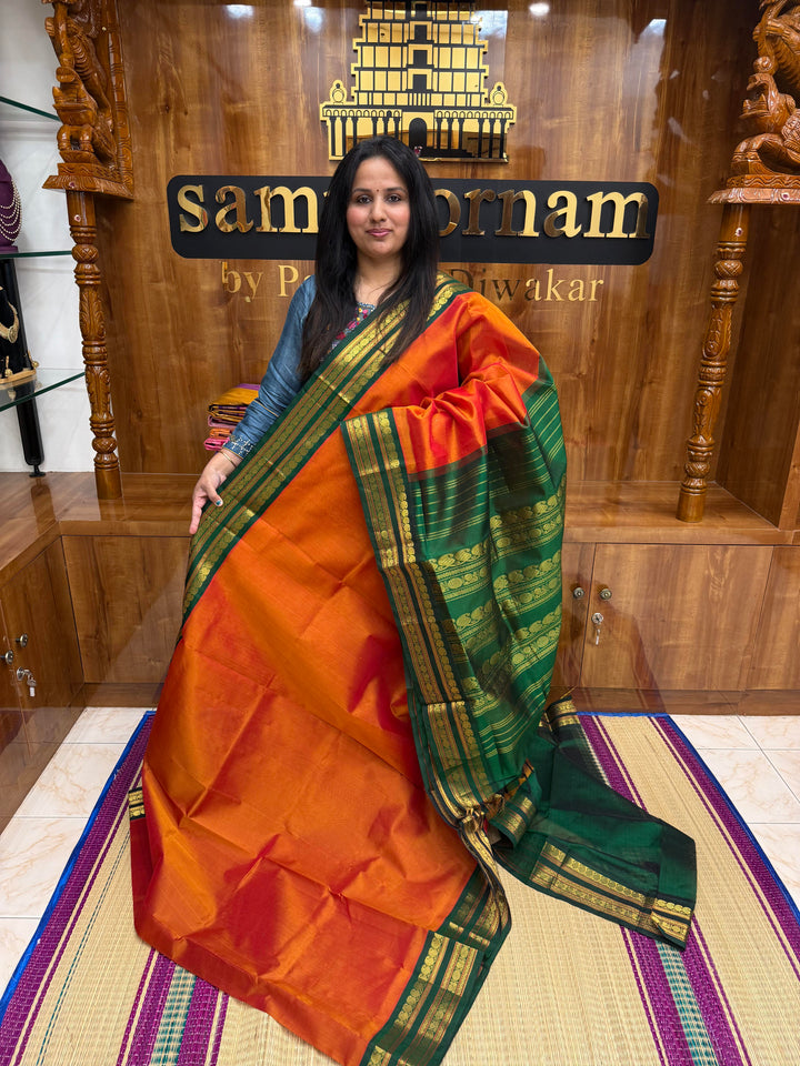 Rustic Orange with Green ,Traditional rettapet borders & Grand Pallu ,Korvai Silk Cotton Saree