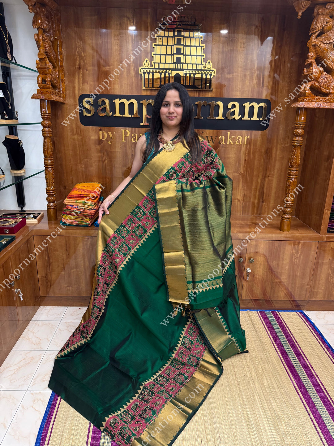 Green  , Annam and Elephant Handblock Print and Tissue borders , Rich Pallu Handblock Printed Silk Cotton Saree