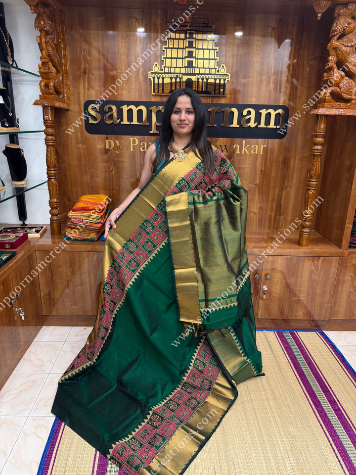 Green  , Annam and Elephant Handblock Print and Tissue borders , Rich Pallu Handblock Printed Silk Cotton Saree
