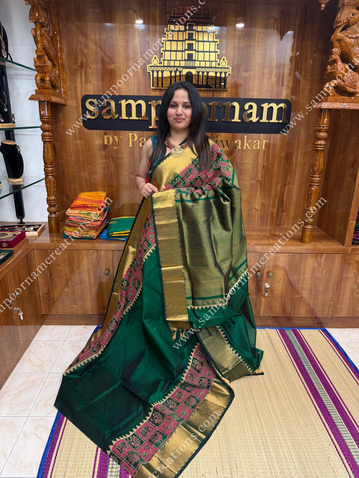 Green  , Annam and Elephant Handblock Print and Tissue borders , Rich Pallu Handblock Printed Silk Cotton Saree