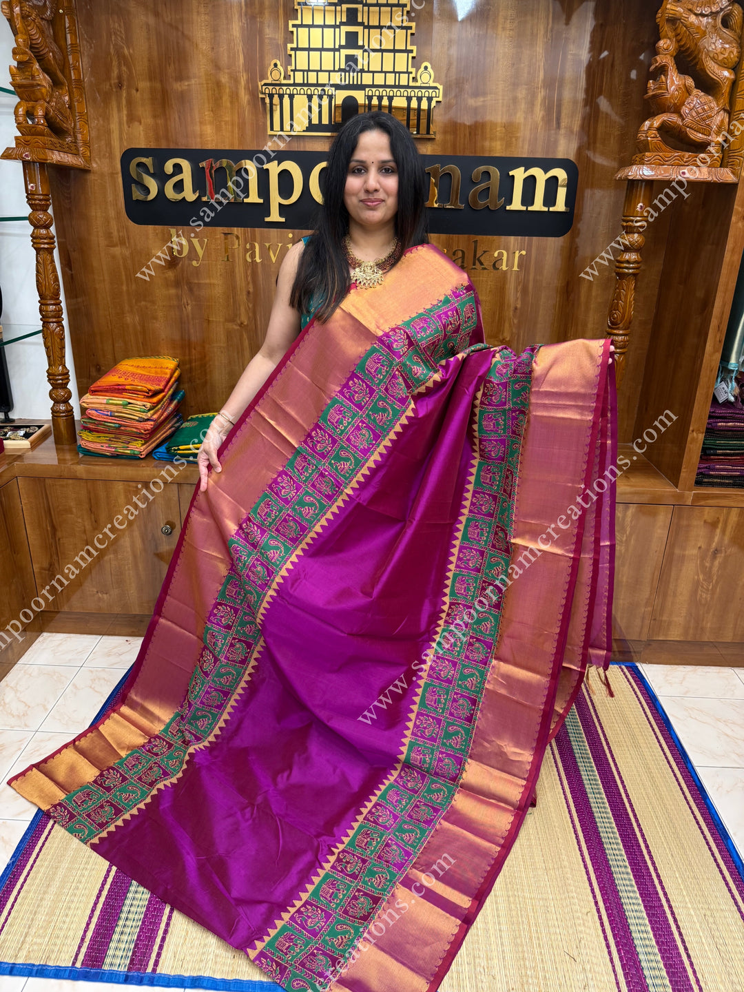 Vadamalli Purple , Annam and Elephant Handblock Print and Tissue borders , Rich Pallu Handblock Printed Silk Cotton Saree