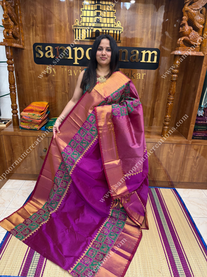 Vadamalli Purple , Annam and Elephant Handblock Print and Tissue borders , Rich Pallu Handblock Printed Silk Cotton Saree