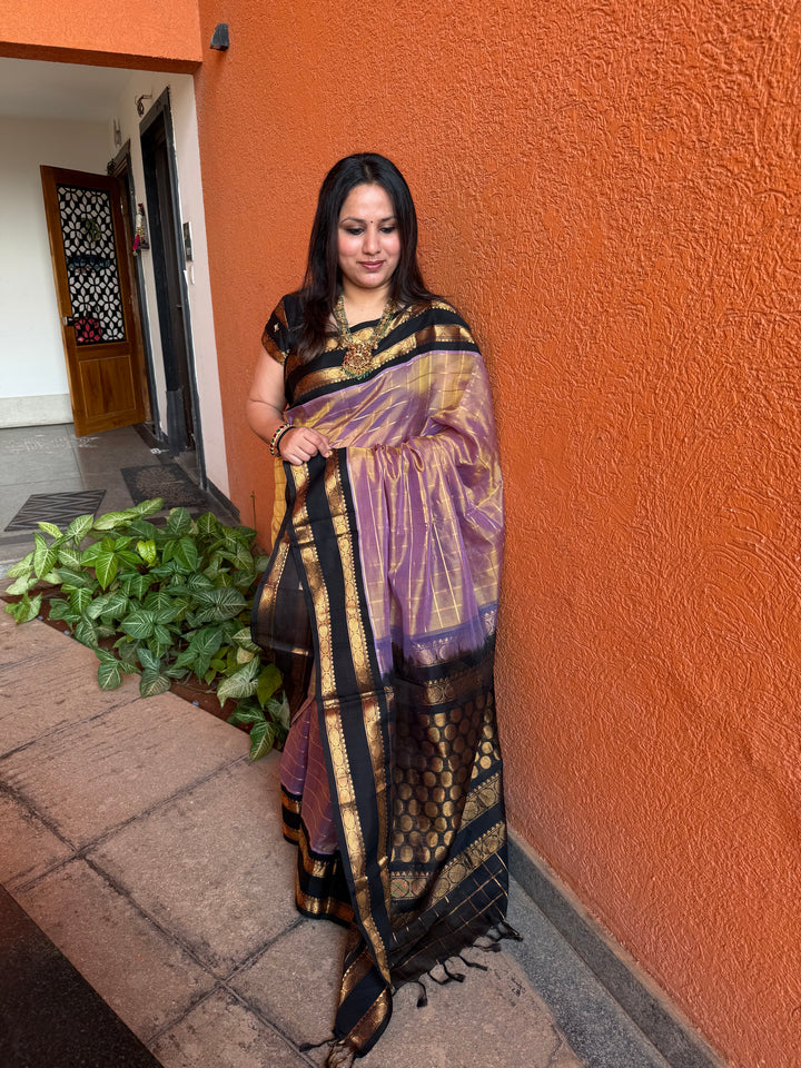 Lavender Gold with Black , Zari checks in the body , Rettapet Border and rich Pallu Korvai Silk Cotton Saree ,
