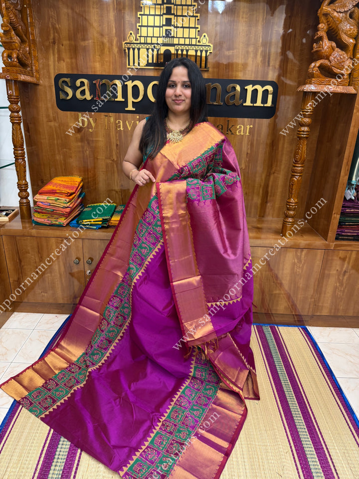 Vadamalli Purple , Annam and Elephant Handblock Print and Tissue borders , Rich Pallu Handblock Printed Silk Cotton Saree