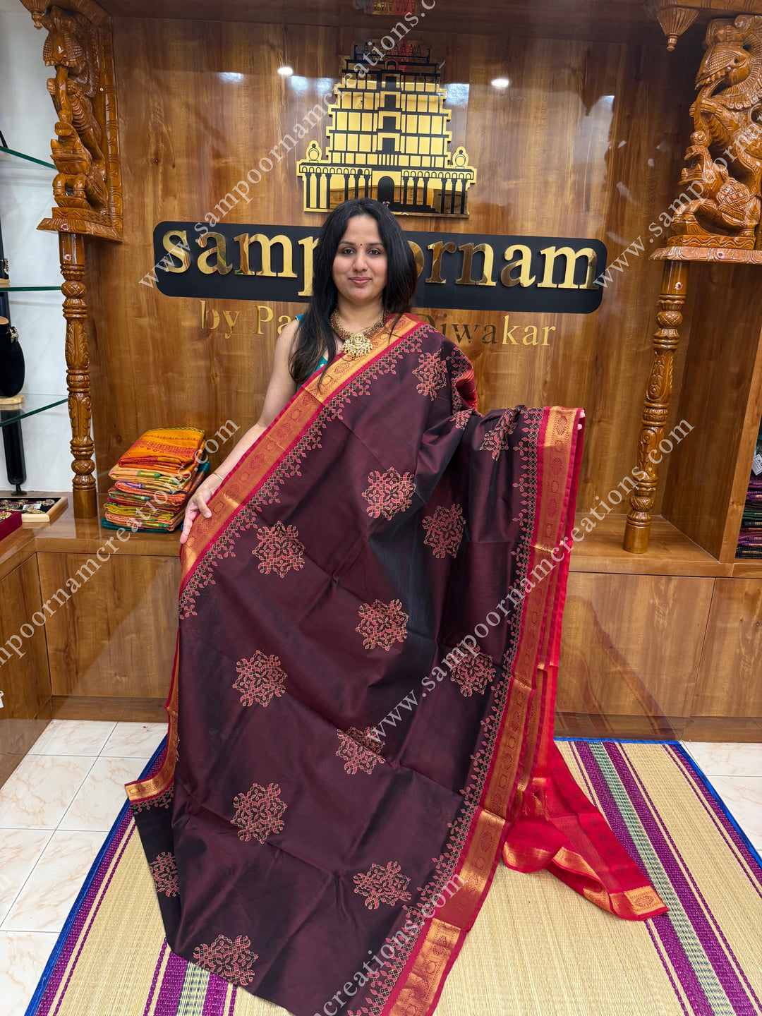 Brown with Red  , Kolam Handblock Printed  Silk Cotton Saree