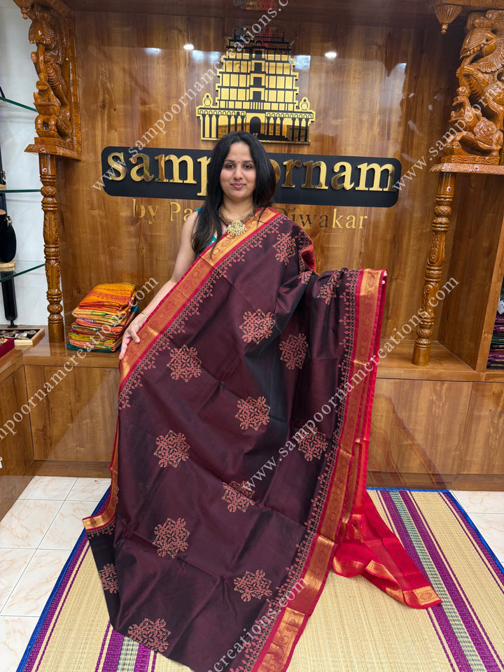 Brown with Red  , Kolam Handblock Printed  Silk Cotton Saree
