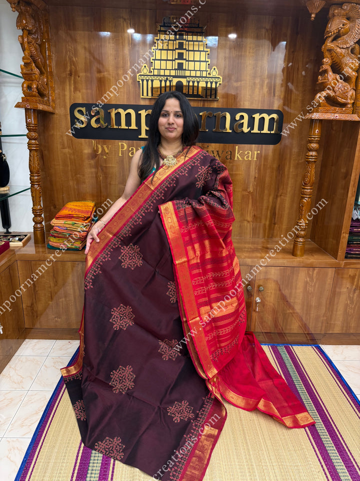 Brown with Red  , Kolam Handblock Printed  Silk Cotton Saree