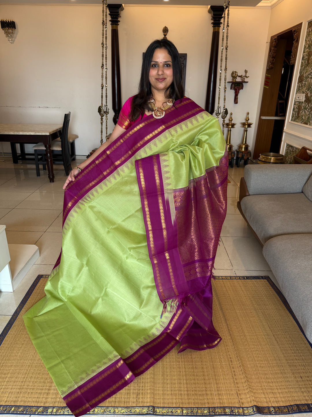 Pista Green with Purple, Rettapet Temple Border and Rich Pallu Korvai Silk Cotton Saree