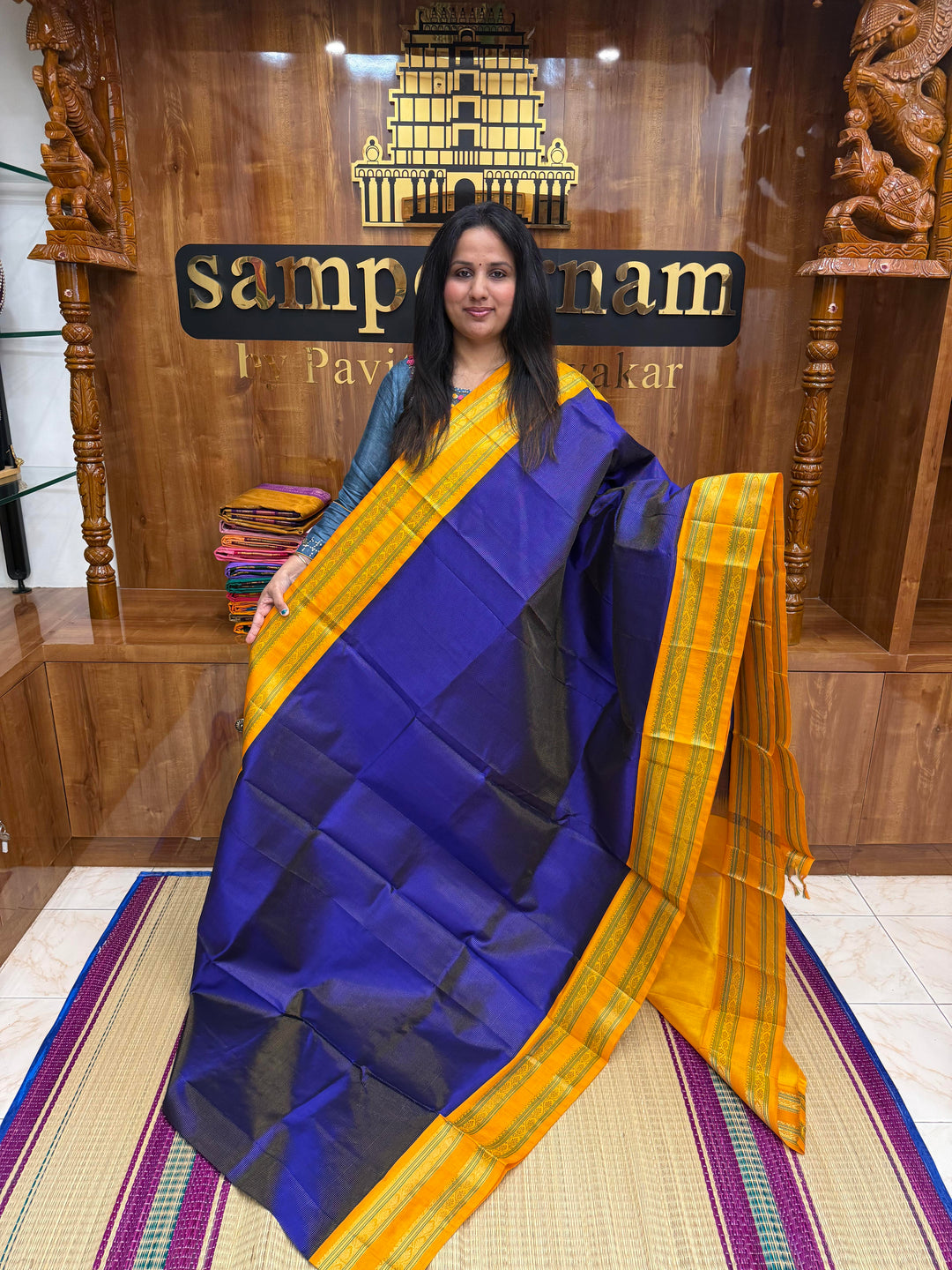 MS Blue with Manjal, Rich Zari Podi Kattam in the body , traditional rettapet borders & Grand Pallu ,Korvai Silk Cotton Saree