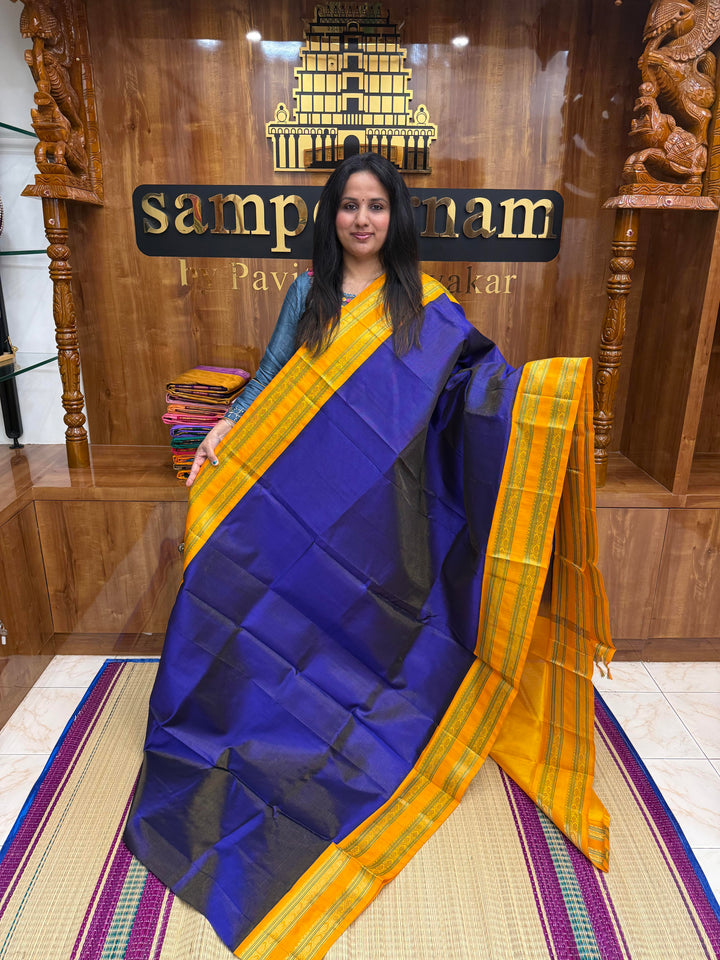 MS Blue with Manjal, Rich Zari Podi Kattam in the body , traditional rettapet borders & Grand Pallu ,Korvai Silk Cotton Saree