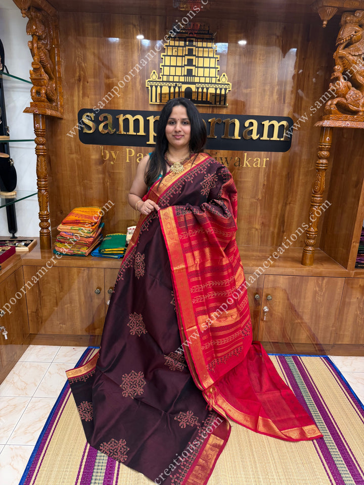 Brown with Red  , Kolam Handblock Printed  Silk Cotton Saree