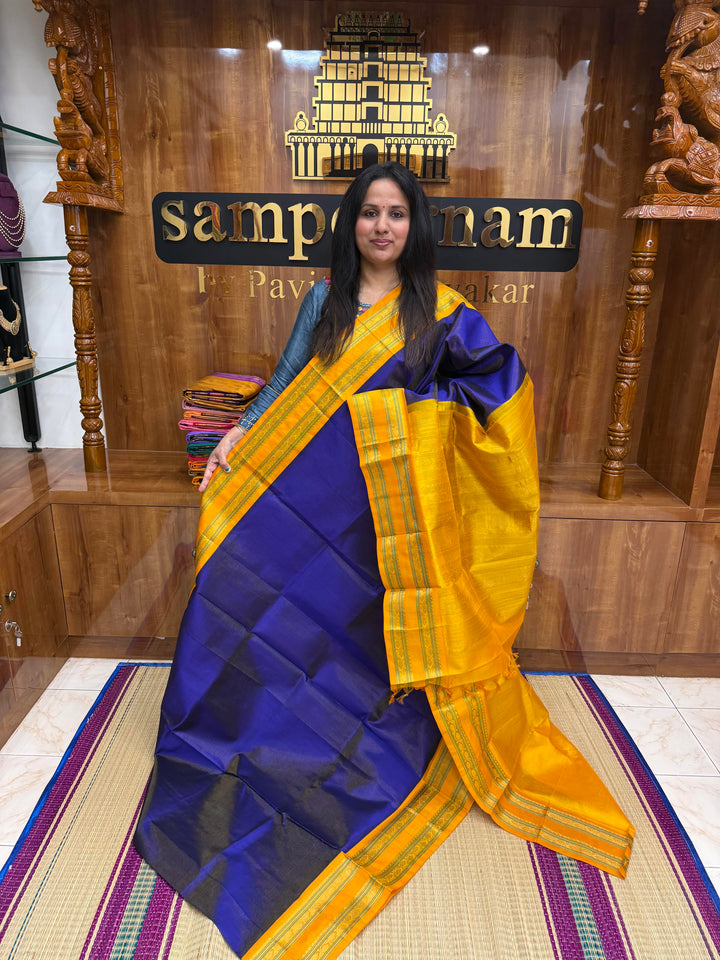 MS Blue with Manjal, Rich Zari Podi Kattam in the body , traditional rettapet borders & Grand Pallu ,Korvai Silk Cotton Saree