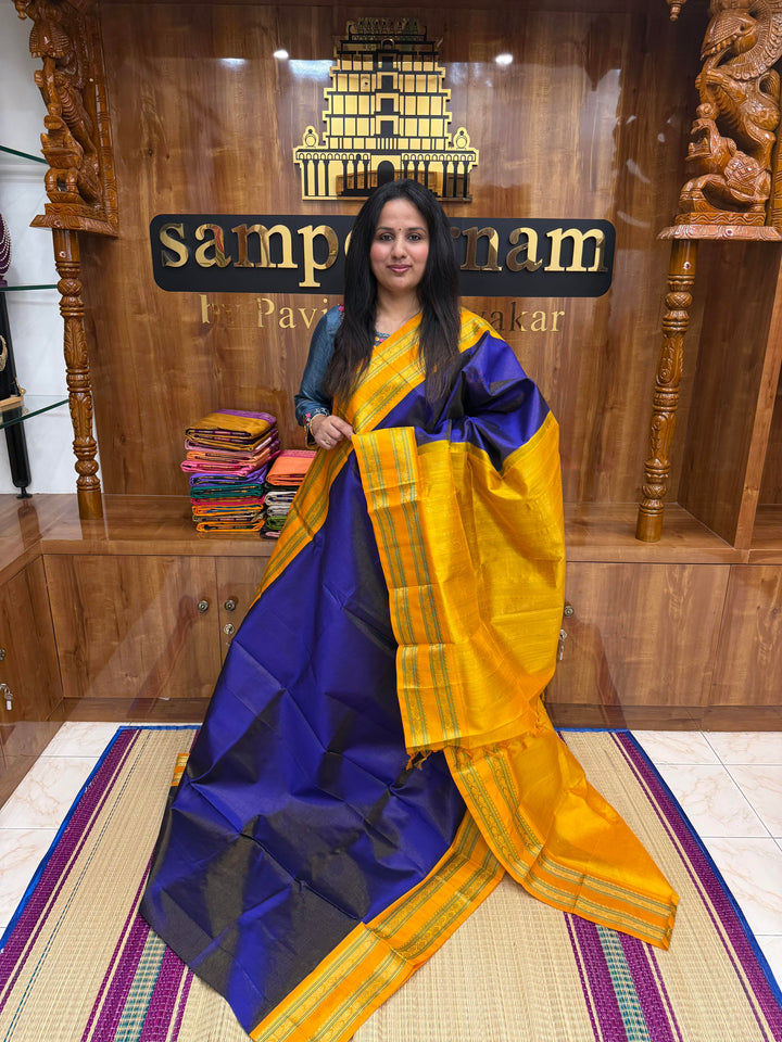 MS Blue with Manjal, Rich Zari Podi Kattam in the body , traditional rettapet borders & Grand Pallu ,Korvai Silk Cotton Saree