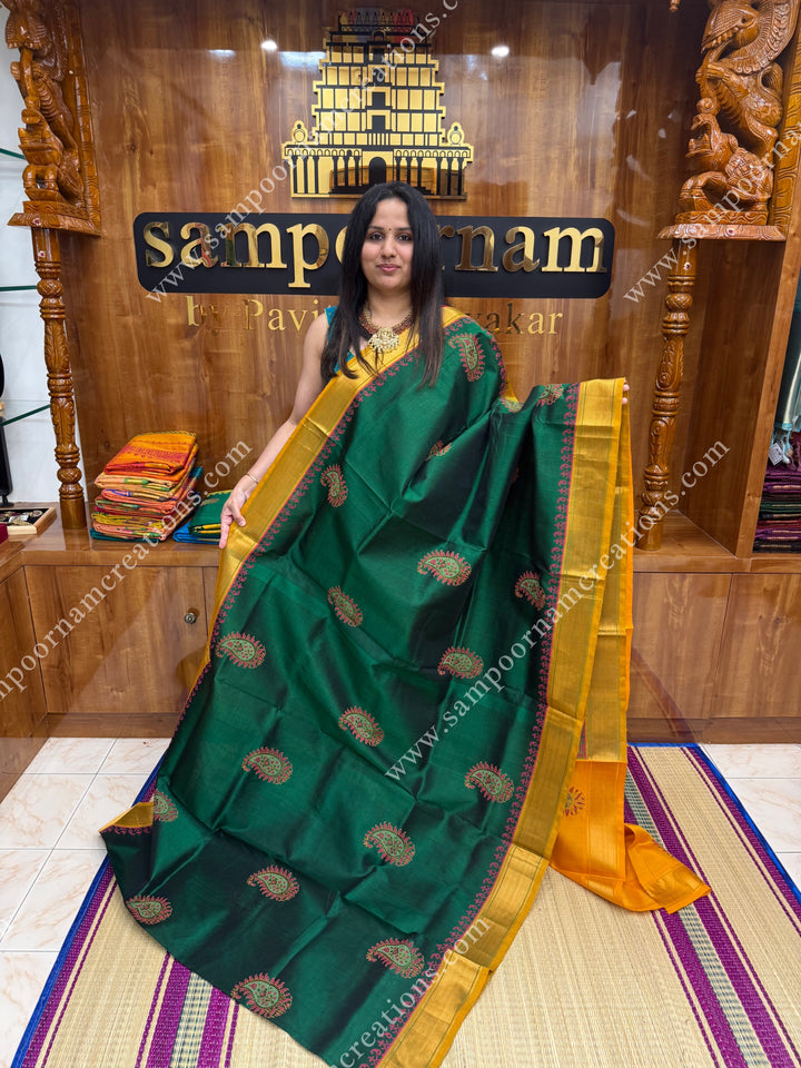 Dark Green with Mustard  , Mango motif in the body  and Rich Pallu Handblock Printed Silk Cotton Saree