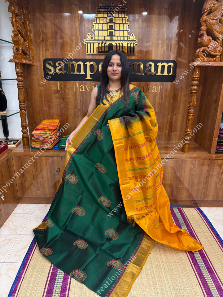 Dark Green with Mustard  , Mango motif in the body  and Rich Pallu Handblock Printed Silk Cotton Saree