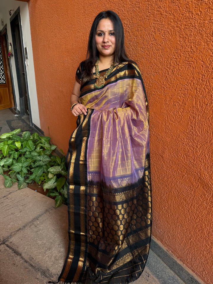 Lavender Gold with Black , Zari checks in the body , Rettapet Border and rich Pallu Korvai Silk Cotton Saree ,
