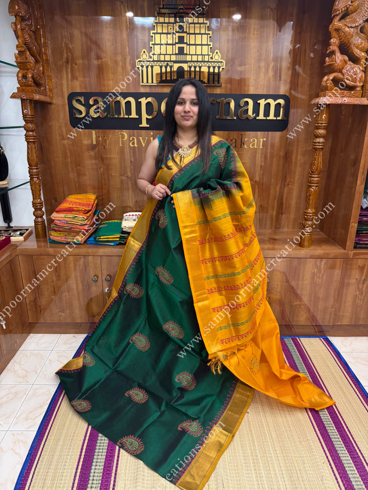 Dark Green with Mustard  , Mango motif in the body  and Rich Pallu Handblock Printed Silk Cotton Saree
