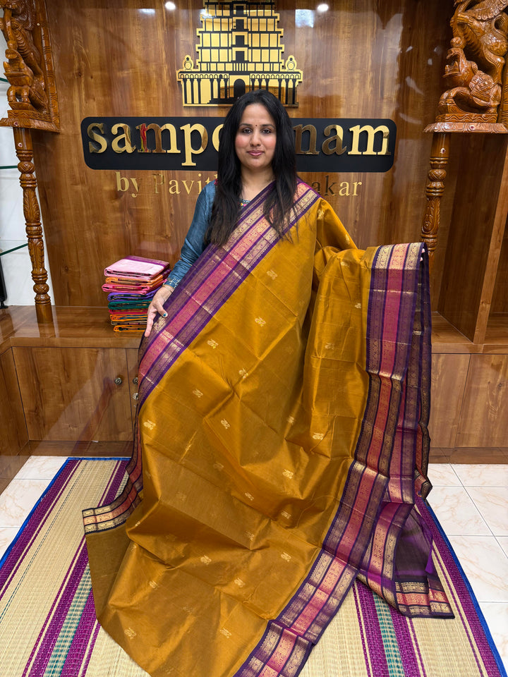 Mustard with Purple, Rich Mango Zari butta in the body and Traditional Kanchi borders & Grand Pallu, Korvai Silk Cotton Saree