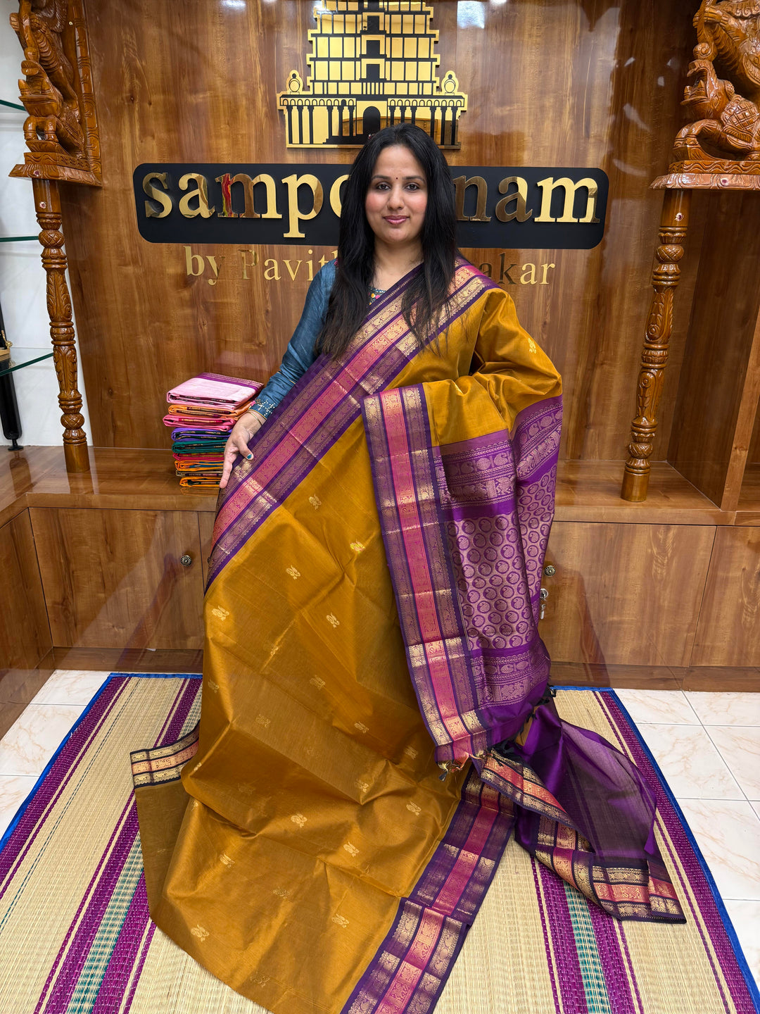 Mustard with Purple, Rich Mango Zari butta in the body and Traditional Kanchi borders & Grand Pallu, Korvai Silk Cotton Saree
