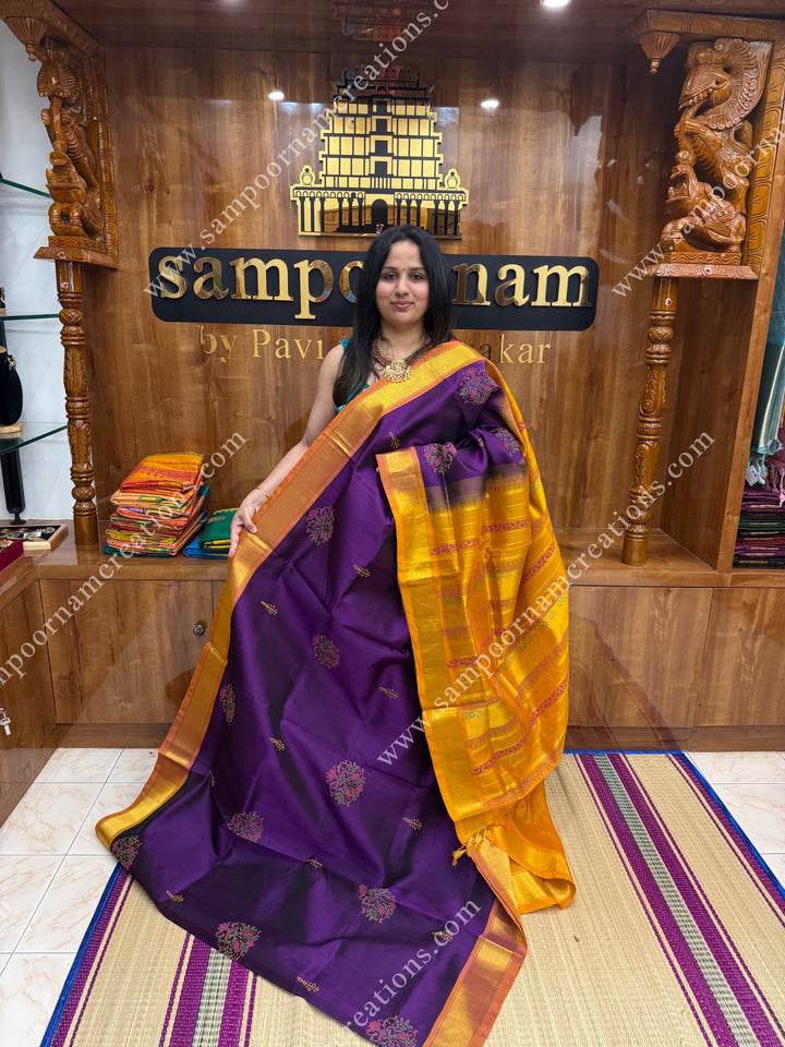 Purple with Mustard , Floral Print in the body  and Rich Pallu Handblock Printed Silk Cotton Saree