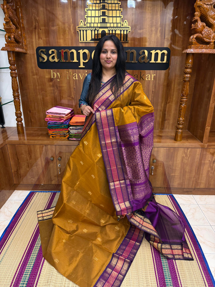 Mustard with Purple, Rich Mango Zari butta in the body and Traditional Kanchi borders & Grand Pallu, Korvai Silk Cotton Saree