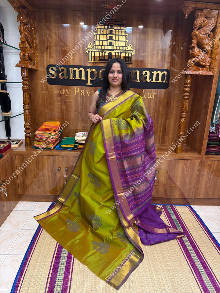 Manthulir Green with Magenta , Annam Print in the body  and Rich Pallu Handblock Printed Silk Cotton Saree