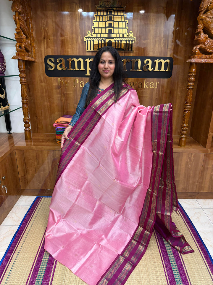 Onion Pink with Magenta , Rich Zari butta in the body and tradtional rettapet borders & Grand Pallu ,Korvai Silk Cotton Saree