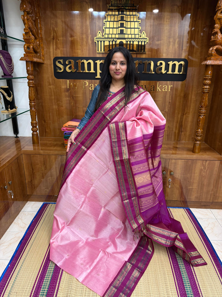 Onion Pink with Magenta , Rich Zari butta in the body and tradtional rettapet borders & Grand Pallu ,Korvai Silk Cotton Saree