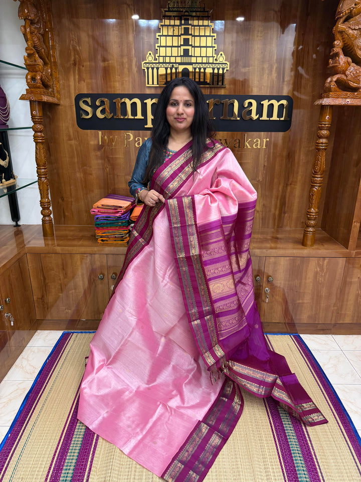 Onion Pink with Magenta , Rich Zari butta in the body and tradtional rettapet borders & Grand Pallu ,Korvai Silk Cotton Saree