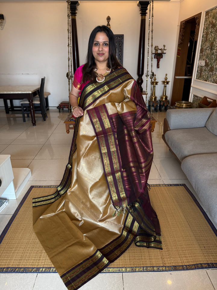 Light Gold with Dark Maroon, Zari Butta in the Body and Rich Pallu Korvai Silk Cotton Saree