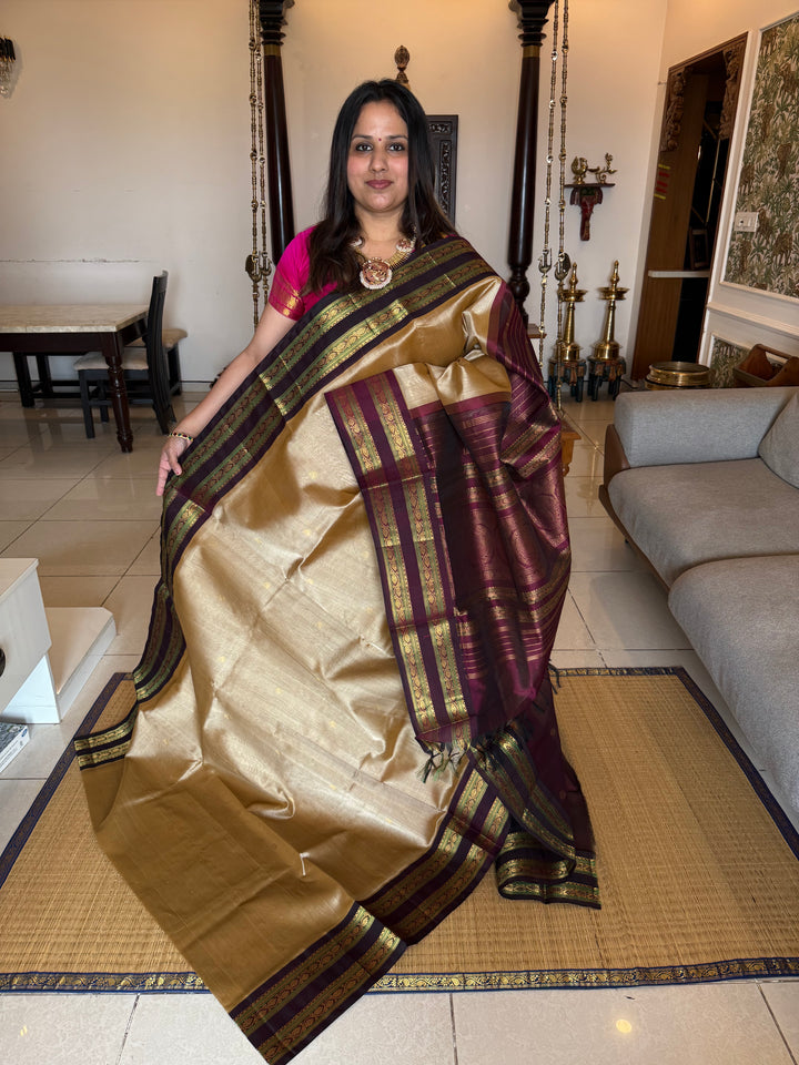 Light Gold with Dark Maroon, Zari Butta in the Body and Rich Pallu Korvai Silk Cotton Saree