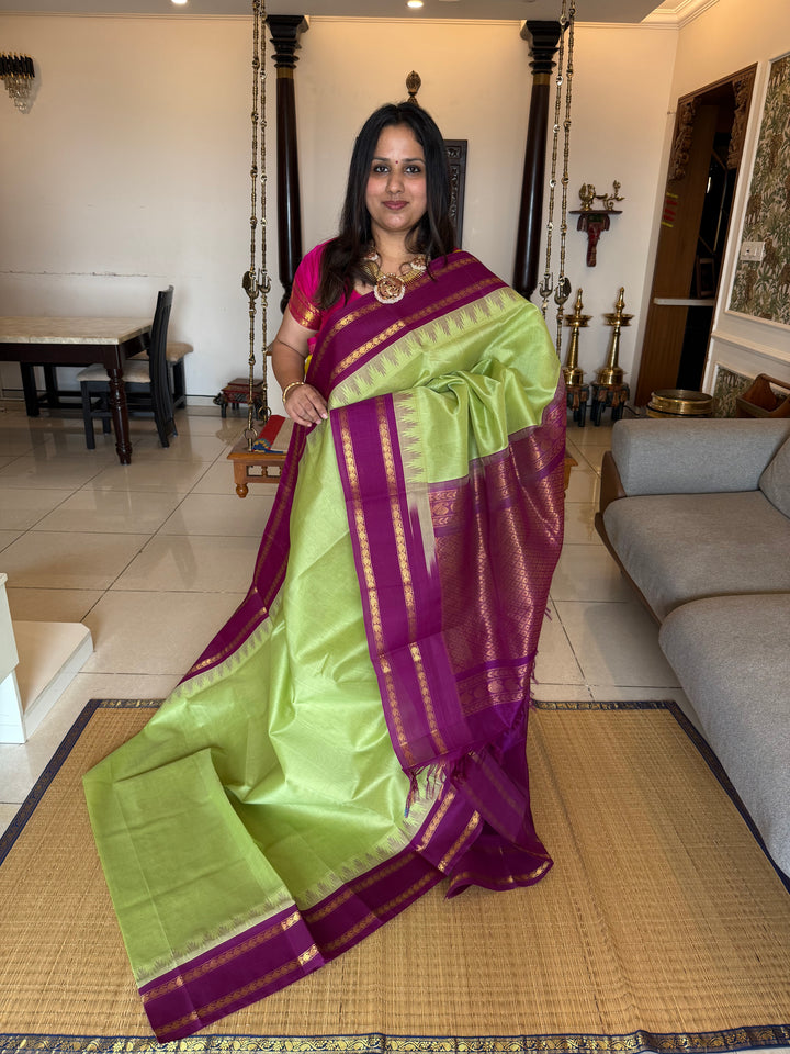 Pista Green with Purple, Rettapet Temple Border and Rich Pallu Korvai Silk Cotton Saree