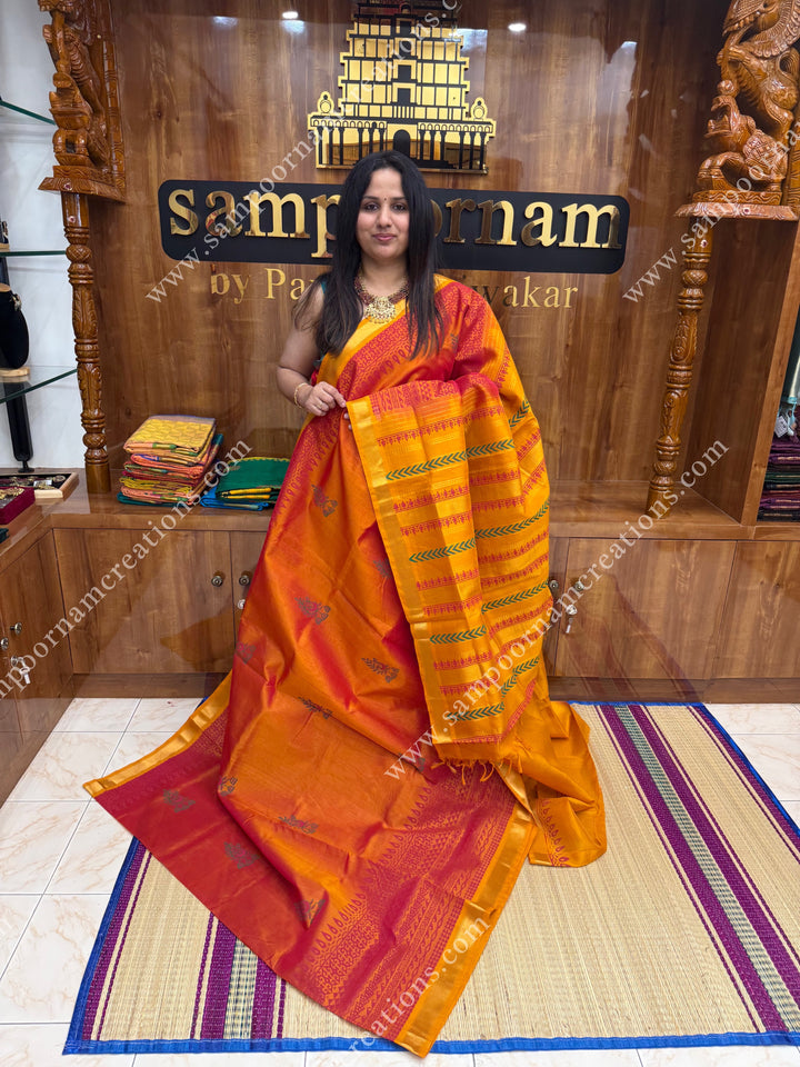 Rust Orange with Mustard  , Mayil motif in the body  and Rich Pallu Handblock Printed Silk Cotton Saree