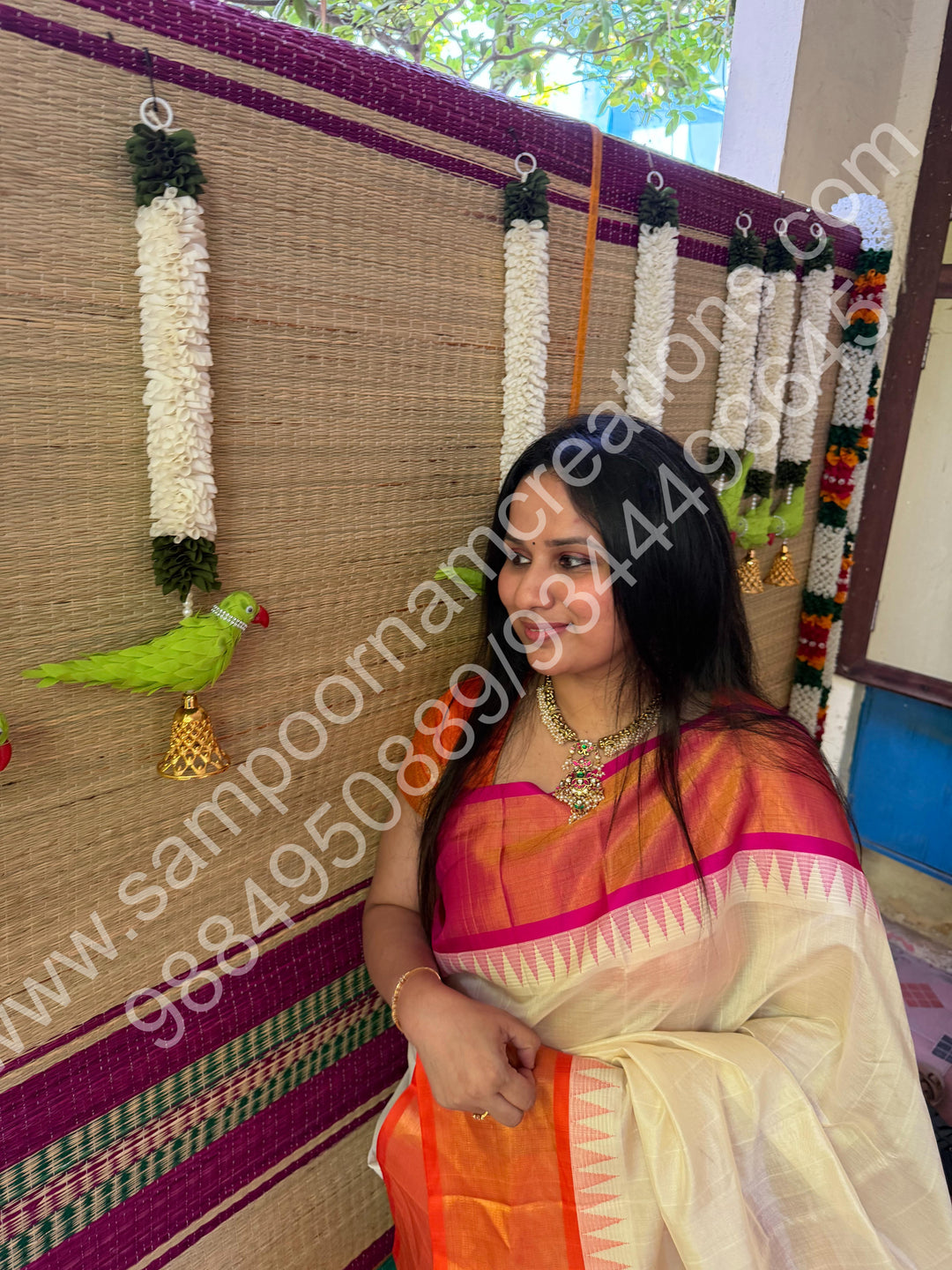 White with Ganga Jamuna Tissue Border Orange and Pink, Grand Pallu Korvai Silk Cotton Saree