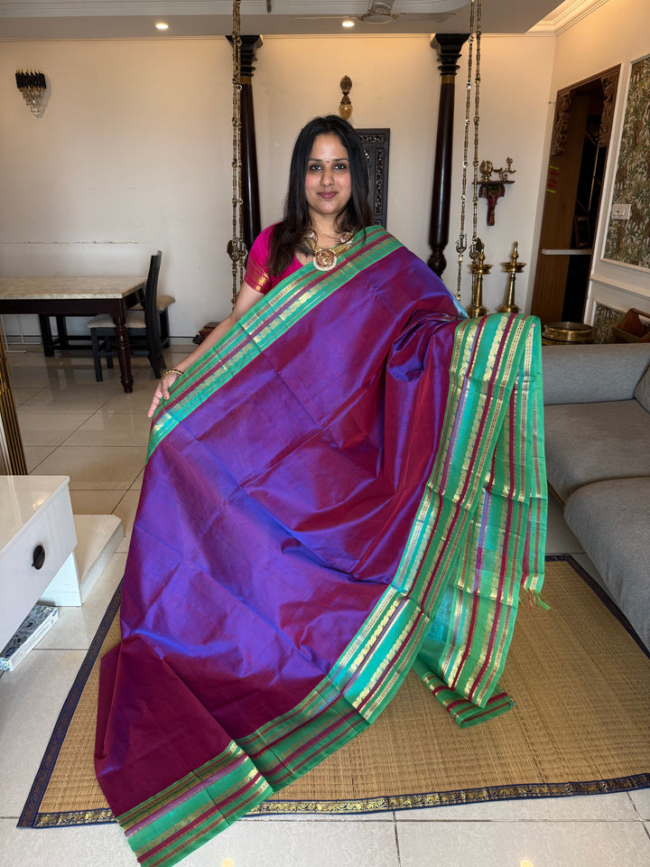 Purple with Turquoise Blue, One Side Big Border, Rich Pallu  Pure Korvai Silk Cotton Saree