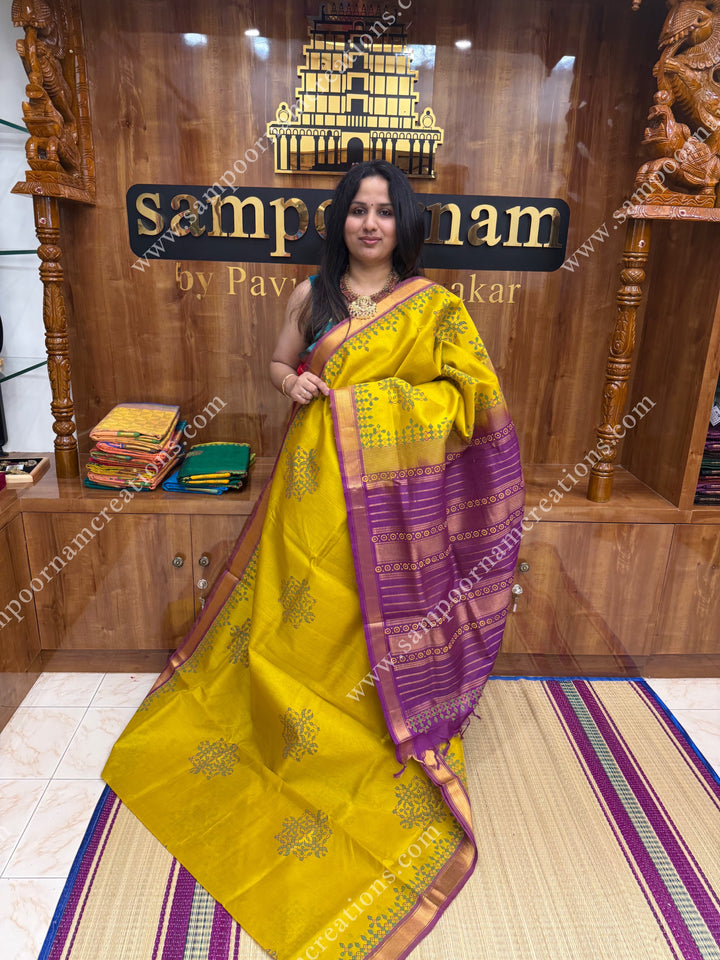 Lemon Yellow with Magenta , Kolam Handblock Printed  Silk Cotton Saree