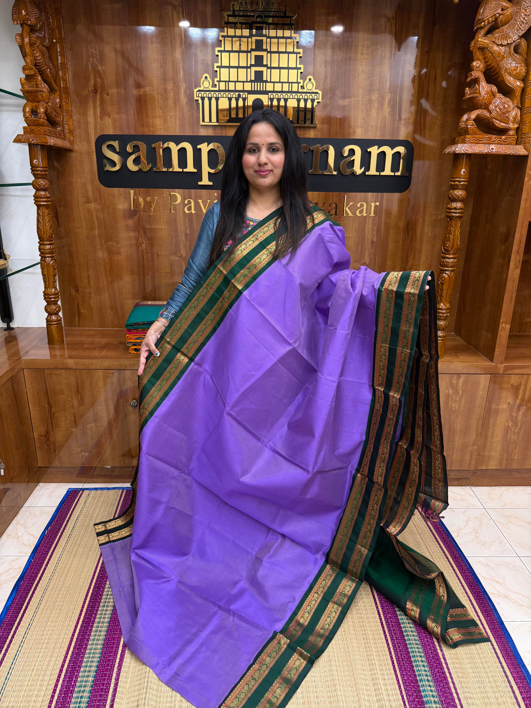 Lavender with Green , Rich Zari Podi Kattam in the body and Traditional rettapet borders & Grand Pallu, Korvai Silk Cotton Saree