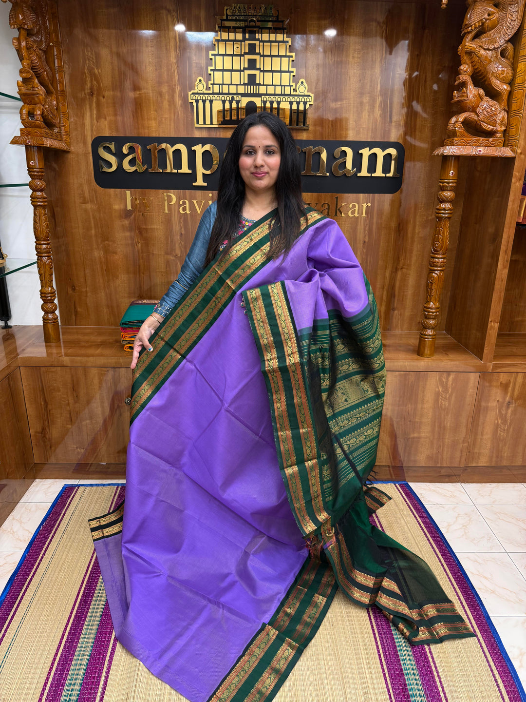 Lavender with Green , Rich Zari Podi Kattam in the body and Traditional rettapet borders & Grand Pallu, Korvai Silk Cotton Saree