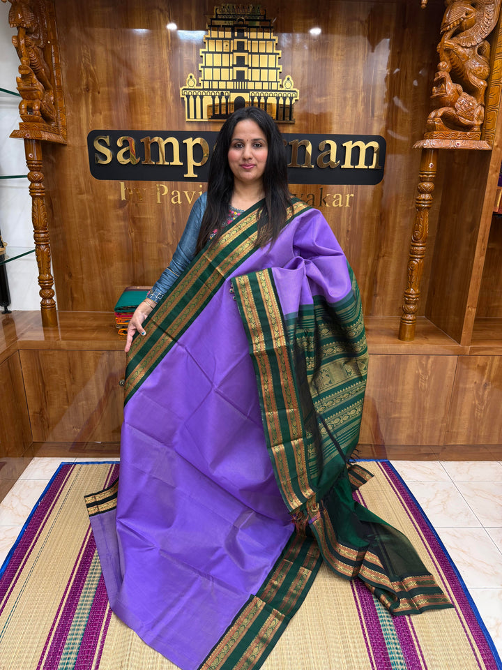 Lavender with Green , Rich Zari Podi Kattam in the body and Traditional rettapet borders & Grand Pallu, Korvai Silk Cotton Saree