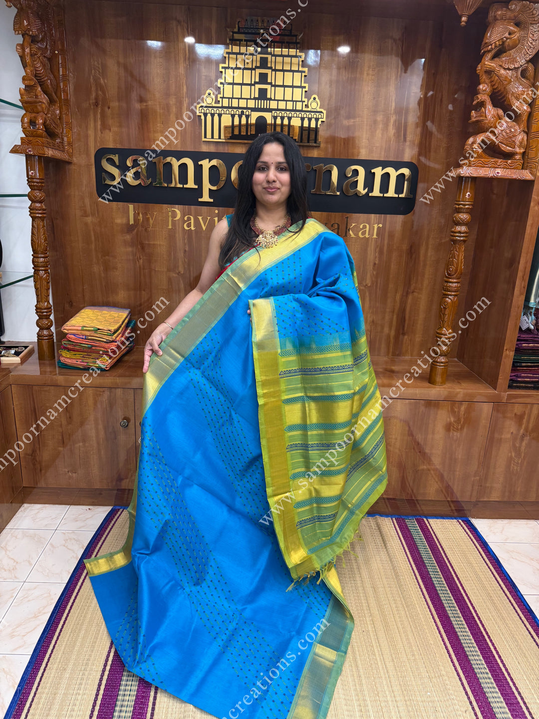Blue with Sage Green , Kodi design Print in the body  and Rich Pallu Handblock Printed Silk Cotton Saree