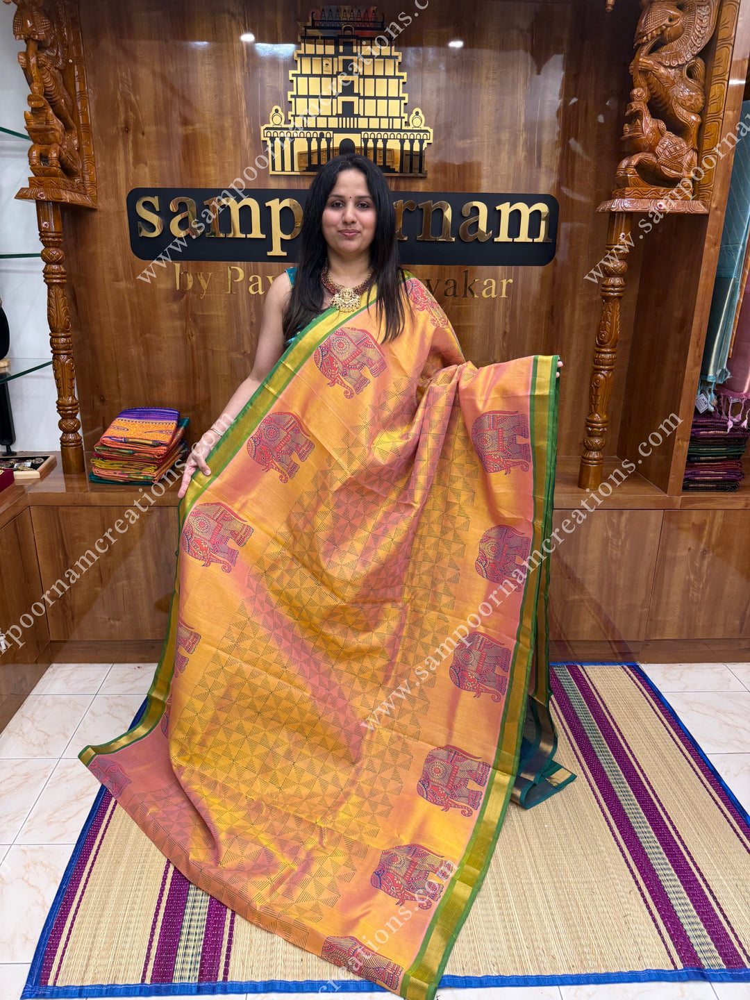 Peach with Mayilkazthu , Elephant border and Geometric Print in the body  and Rich Pallu Handblock Printed Silk Cotton Saree