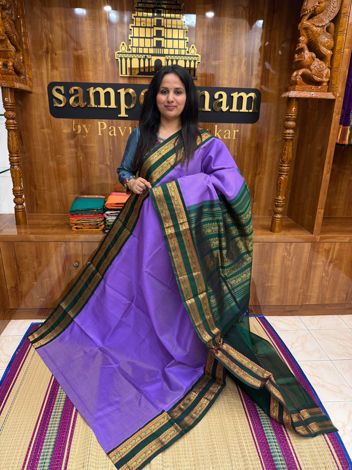 Lavender with Green , Rich Zari Podi Kattam in the body and Traditional rettapet borders & Grand Pallu, Korvai Silk Cotton Saree