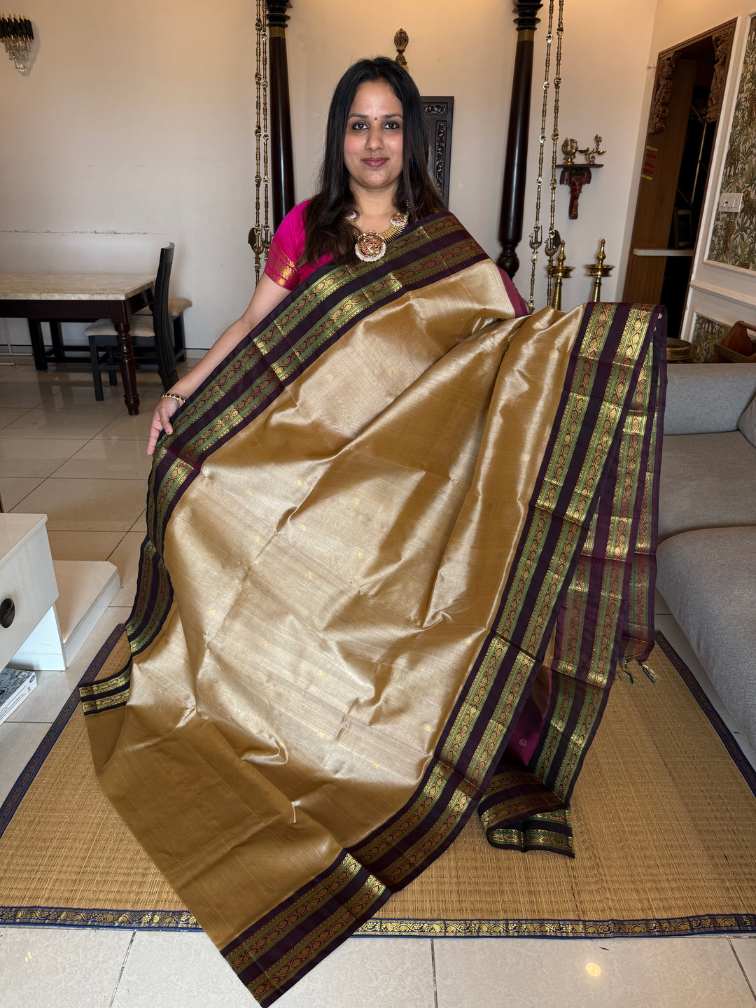 Light Gold with Dark Maroon, Zari Butta in the Body and Rich Pallu Korvai Silk Cotton Saree