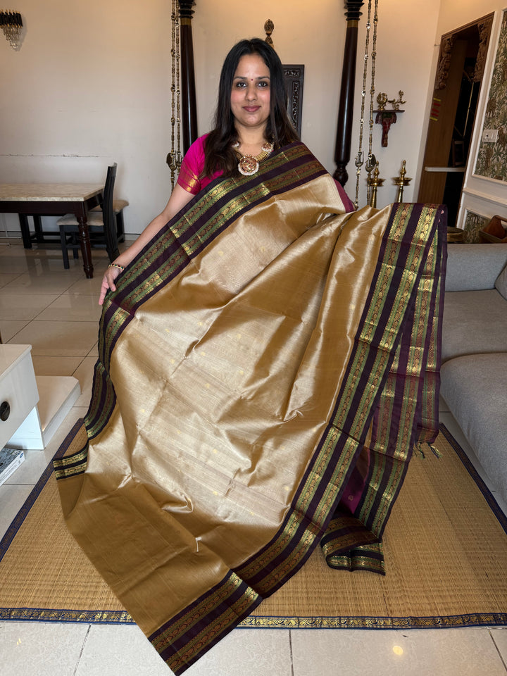 Light Gold with Dark Maroon, Zari Butta in the Body and Rich Pallu Korvai Silk Cotton Saree