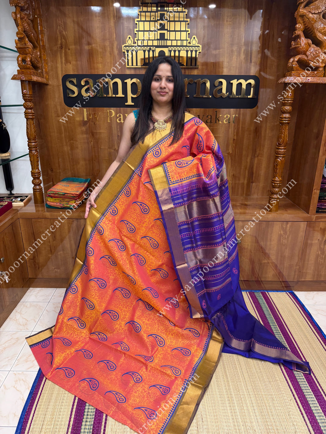 Peach with Dark Blue , Mango with Kodi design and Rich Pallu Handblock Printed Silk Cotton Saree